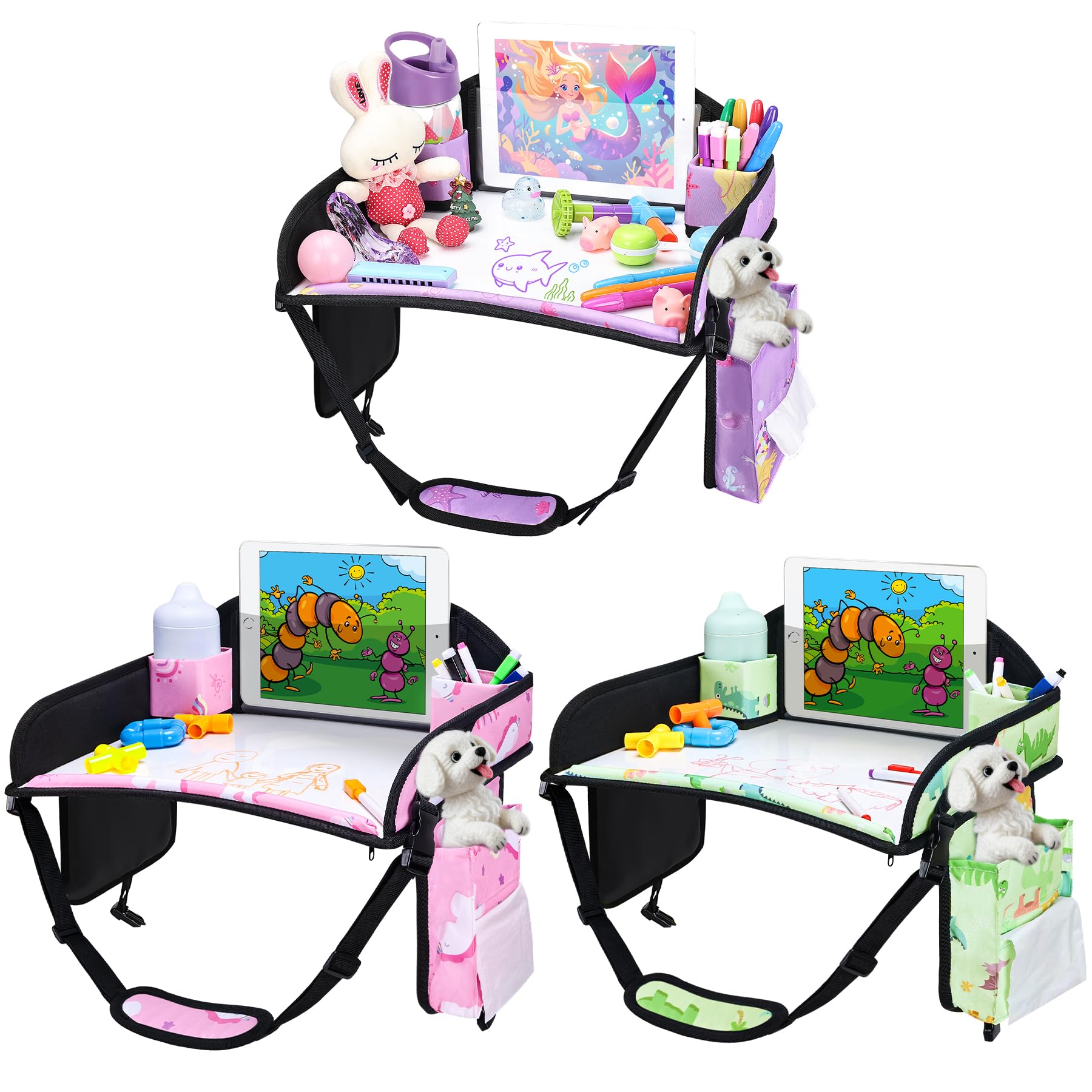 Kids Travel Tray for Toddler Car Seat, Road Trip Activities for Kid | Road Trip Essentials Accessories Lap Tray with iPad Holder Stand &amp; Dry Erase Board as Travel Gifts for Kid .3PC