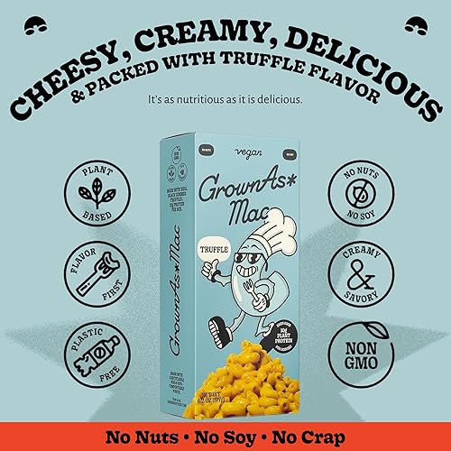 Miniatura 5 de GrownAs Macarrones y queso veganos, paquete de 4  Sabor real de trufa, sin lácteos, aperitivo alto en proteínas, fácil de preparar, hecho con coco y