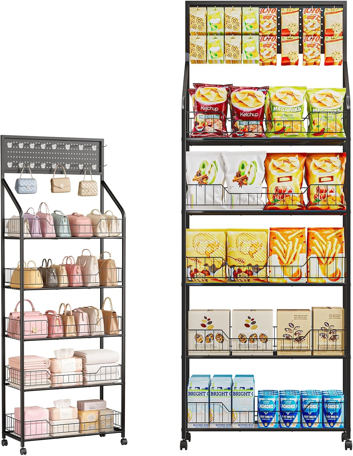 5 Tiers Retail Display Rack with Wheels and 15 Hooks, Metal Snack Display Rack for Chips, Candy and Drinks, Store Displays Shelf for Supermarket, Store Business, 23.6" x 10.6" x 65" Black