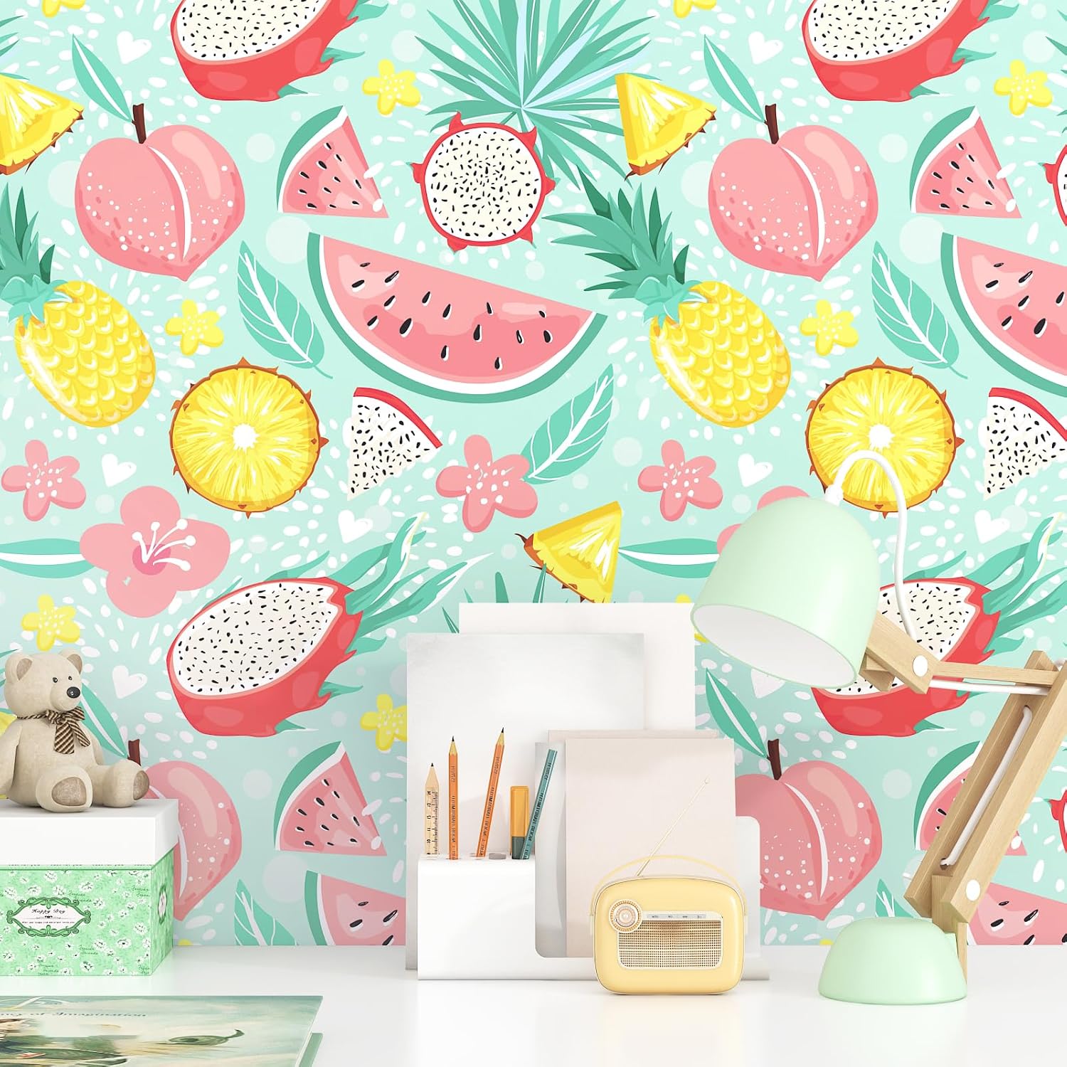 Fruit Floral Peel and Stick Wallpaper Green Summer Fruit Contact Paper for Bedroom Living Room Wall Covering Cartoon Food Kids Wall Paper Self-Adhesive Vinyl Wallpaper Home Decor 17.5" x 118"