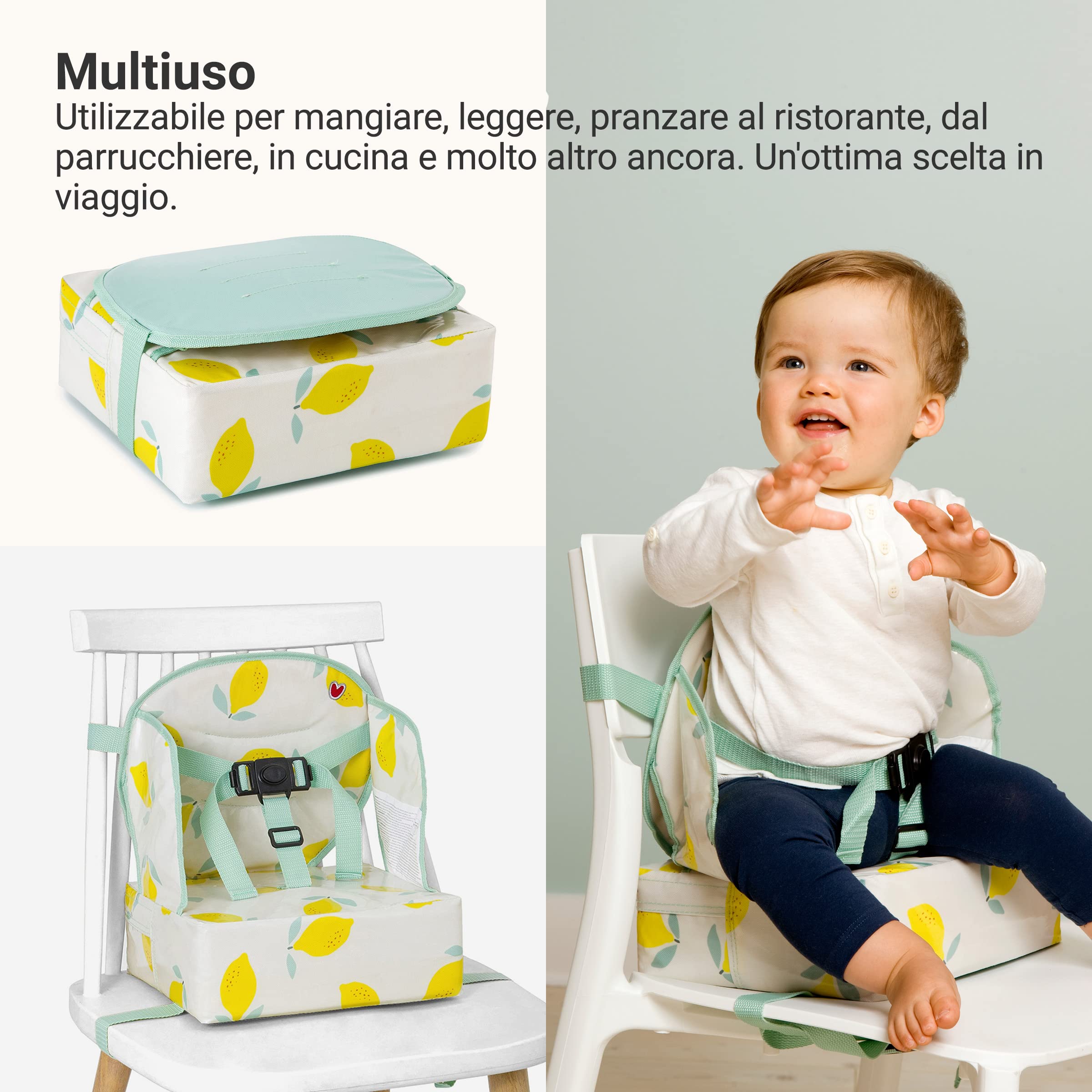 BabyToLove | Rialzo nomade pieghevole con cuscino morbido e imbracatura sicura per pasti all'aperto o a casa | Happy Lemon