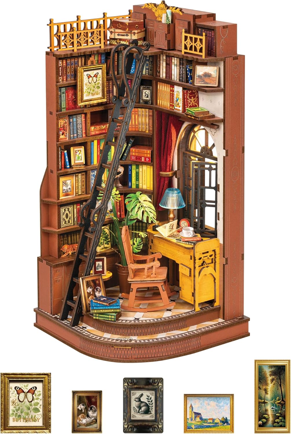 ROBOTIME Book Nook Kits, DIY Miniature Dollhouse Kit Bookshelf Decor, Vintage Library Booknook with Led Light, 3D Wooden Puzzle Gifts for Adults Book Lovers (Silent Corner Study)