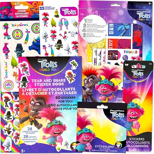 Trolls - Paquete de 6 decoraciones de fiesta de trolls, paquete de 6 decoraciones de fiesta de trolls, más de 125 calcomanías de Trolls