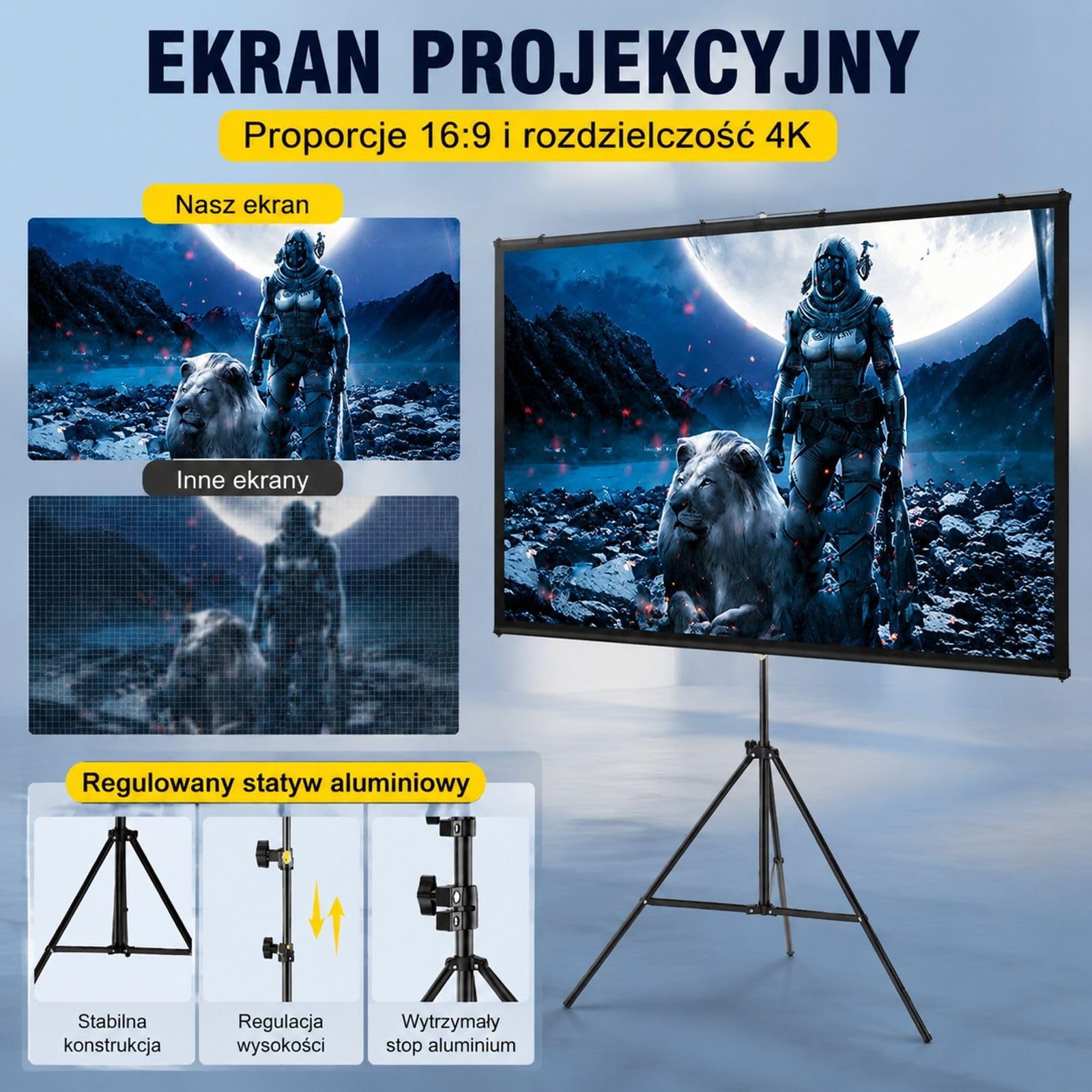 Ekran projekcyjny ze statywem, poliestrowa powierzchnia ekranu i regulowany aluminiowy stojak do kina domowego oraz prezentacji