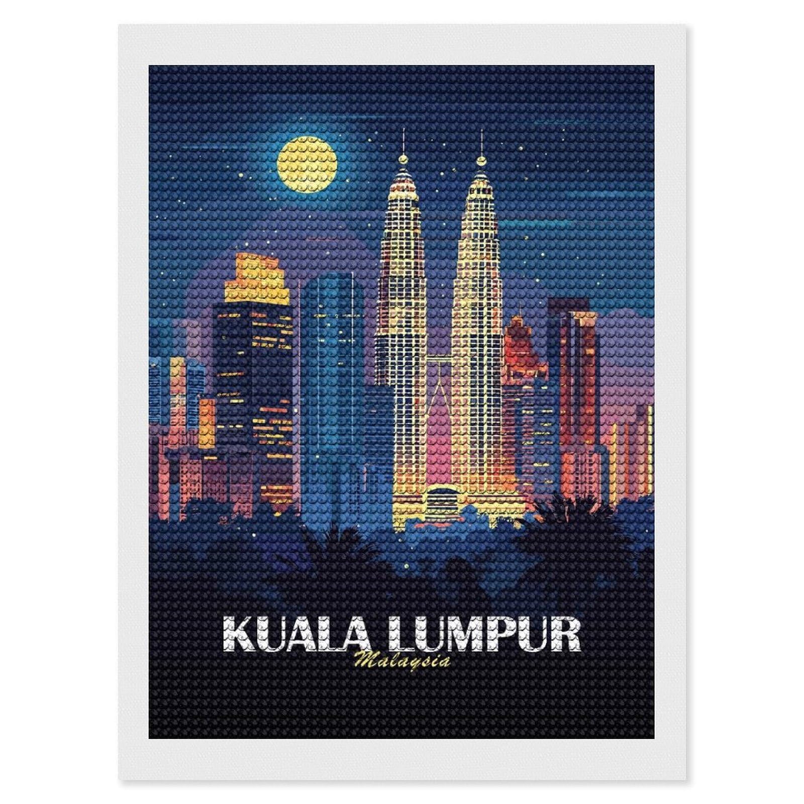 Junmoney Kuala Lumpur Cityscape at Night Diamond Art Canvas 12"x16", for Teens, Nice Detail and Sparkle, Farmhouse Decor, Festive Craft Gift, Easy to Enjoy