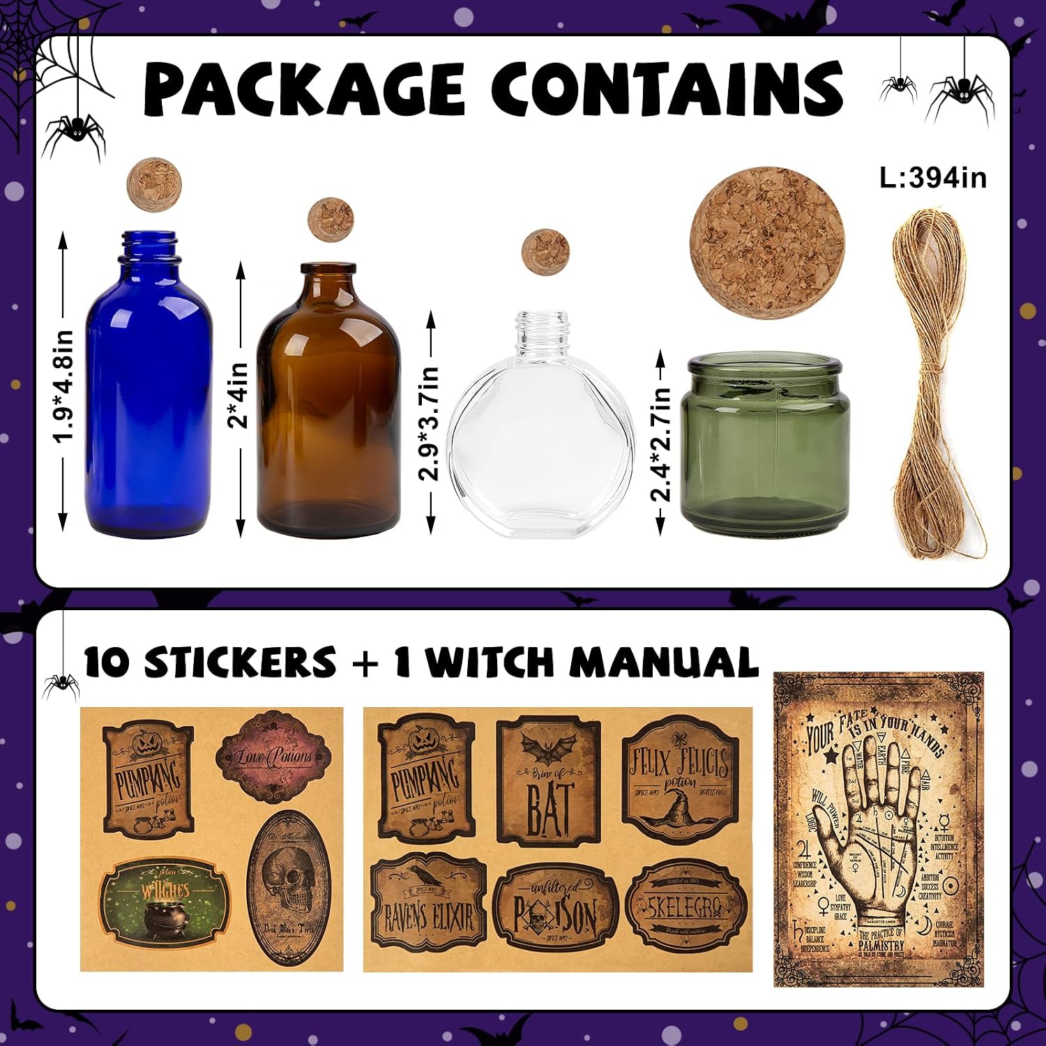 Potion Bottles Halloween Decoration, Set of 4 Glass Potion Bottles with Corks and 10 Halloween Bottle labels, Halloween Tiered Tray Decor, Halloween Decorations Indoor