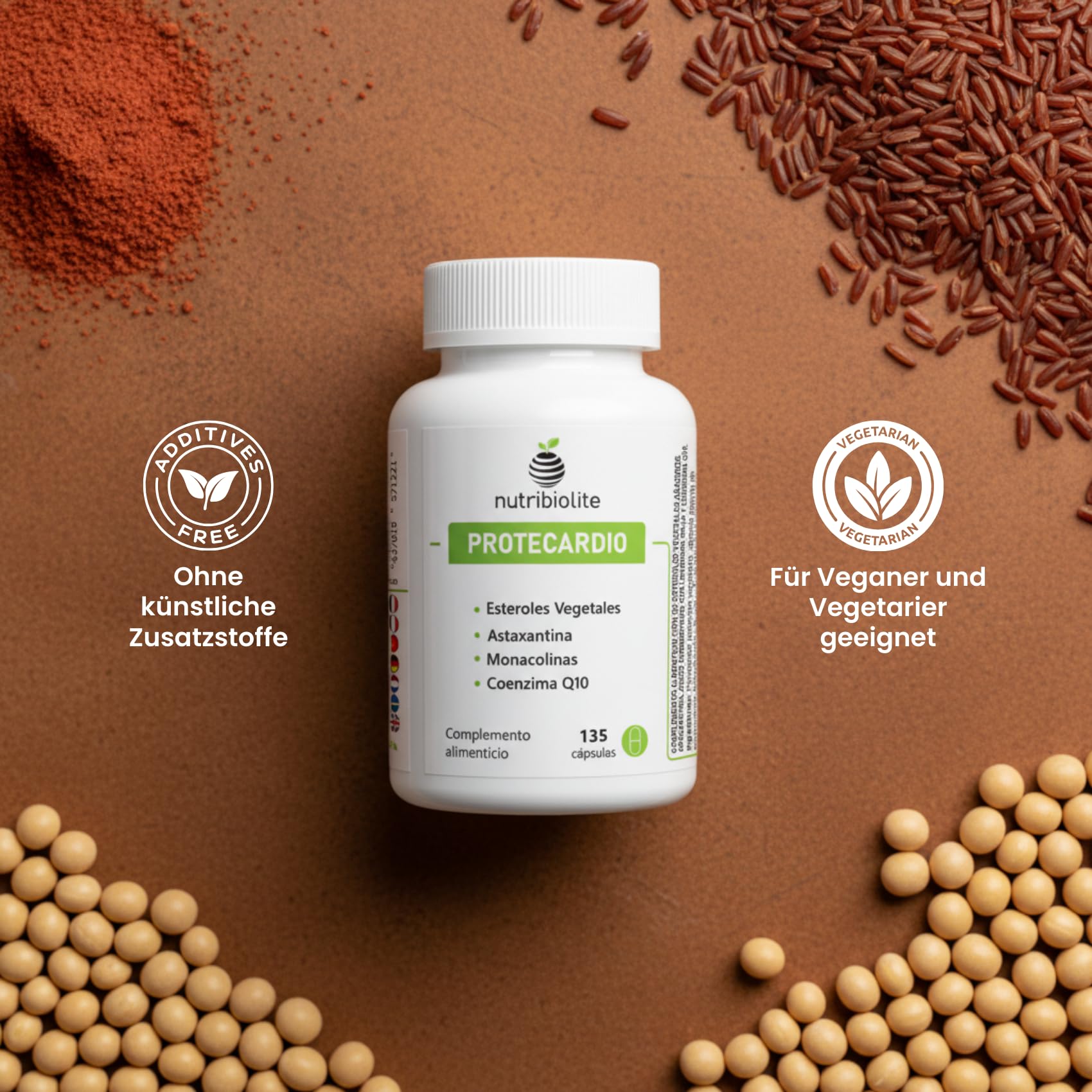 Cholesterin Komplex mit Pflanzlichen Sterolen 997,5 MG, Roter Reis (Monakoline), Coenzym Q10 & Astaxanthin – 135 vegane Kapseln ohne Zusatzstoffe | Protecardio Nutribiolite
