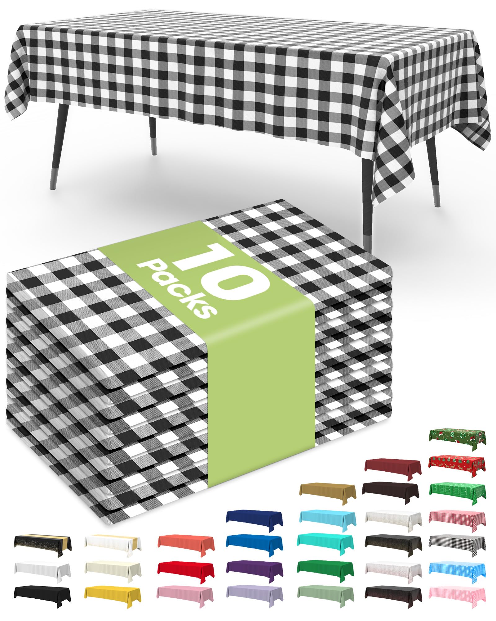 Pureegg Paquete de 10 manteles de plástico desechables, de 54 x 108 pulgadas, para fiestas, pícnics, manteles decorativos a cuadros, rectangulares, cubierta a cuadros blancos y negros, a prueba de