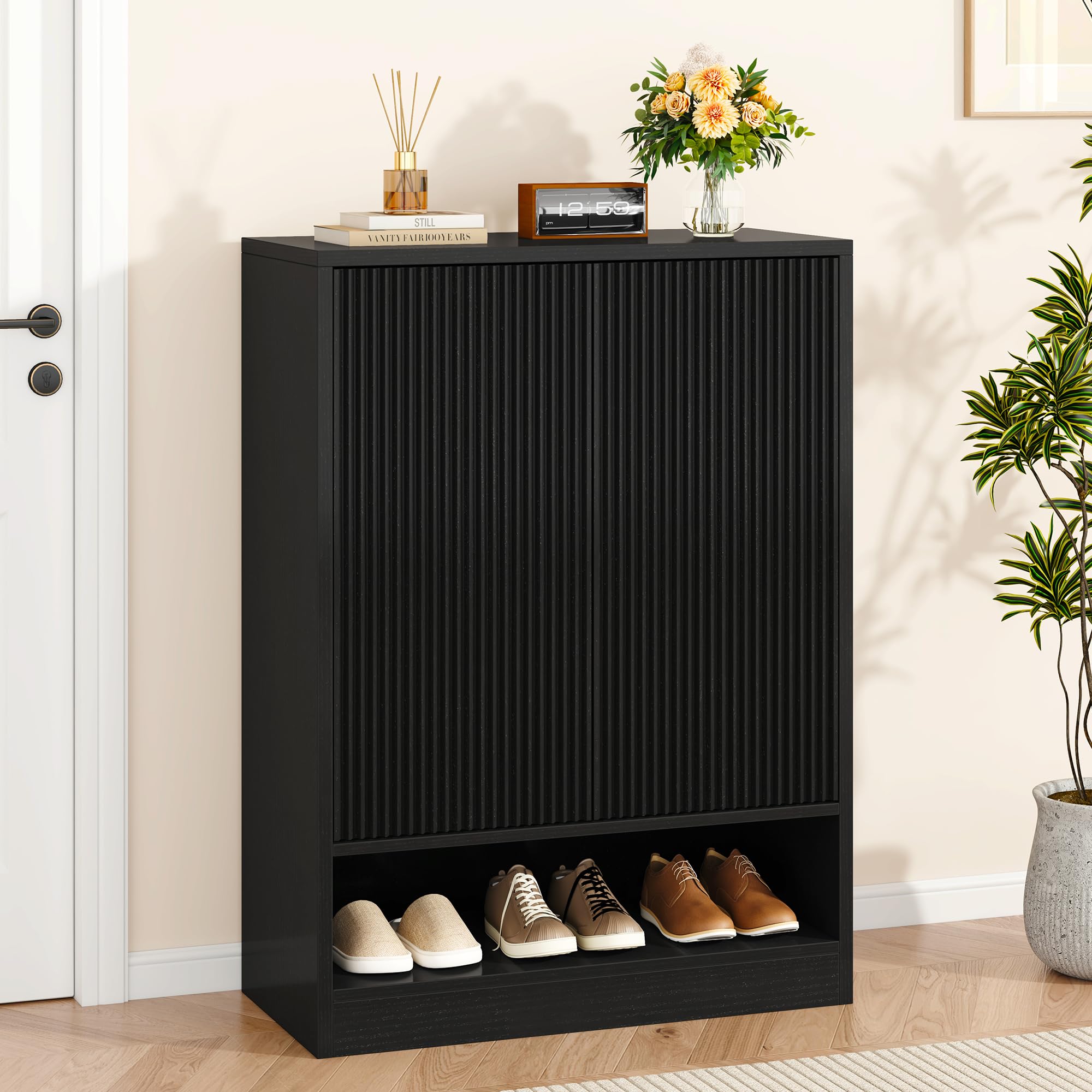 Shoe Cabinet with Doors, 41" Tall Entryway Shoe Organizer, Black