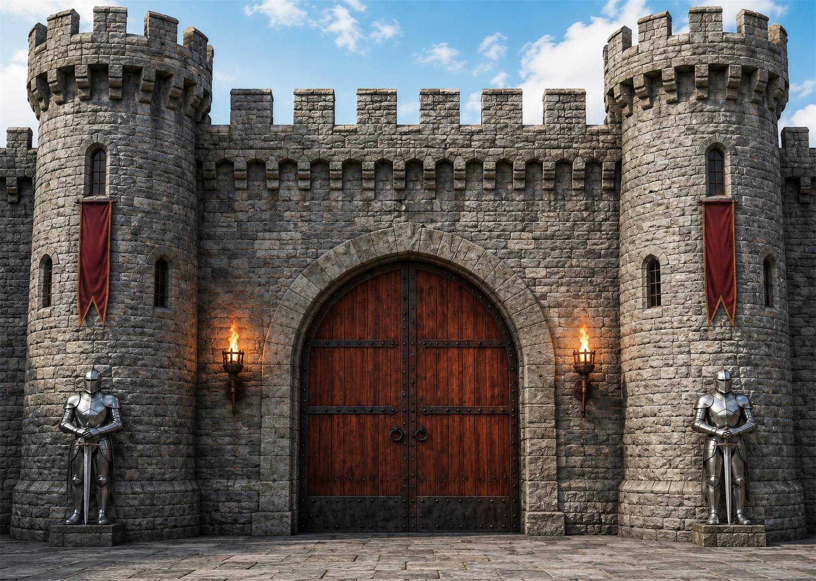 BELECO 3.6x3m Sfondo in tessuto Castello Medievale in Pietra | Muro Castello Fortezza Armature Cavalieri Torce Fiammanti Porta In Legno Sfondo Medievale Telo Di Sfondo