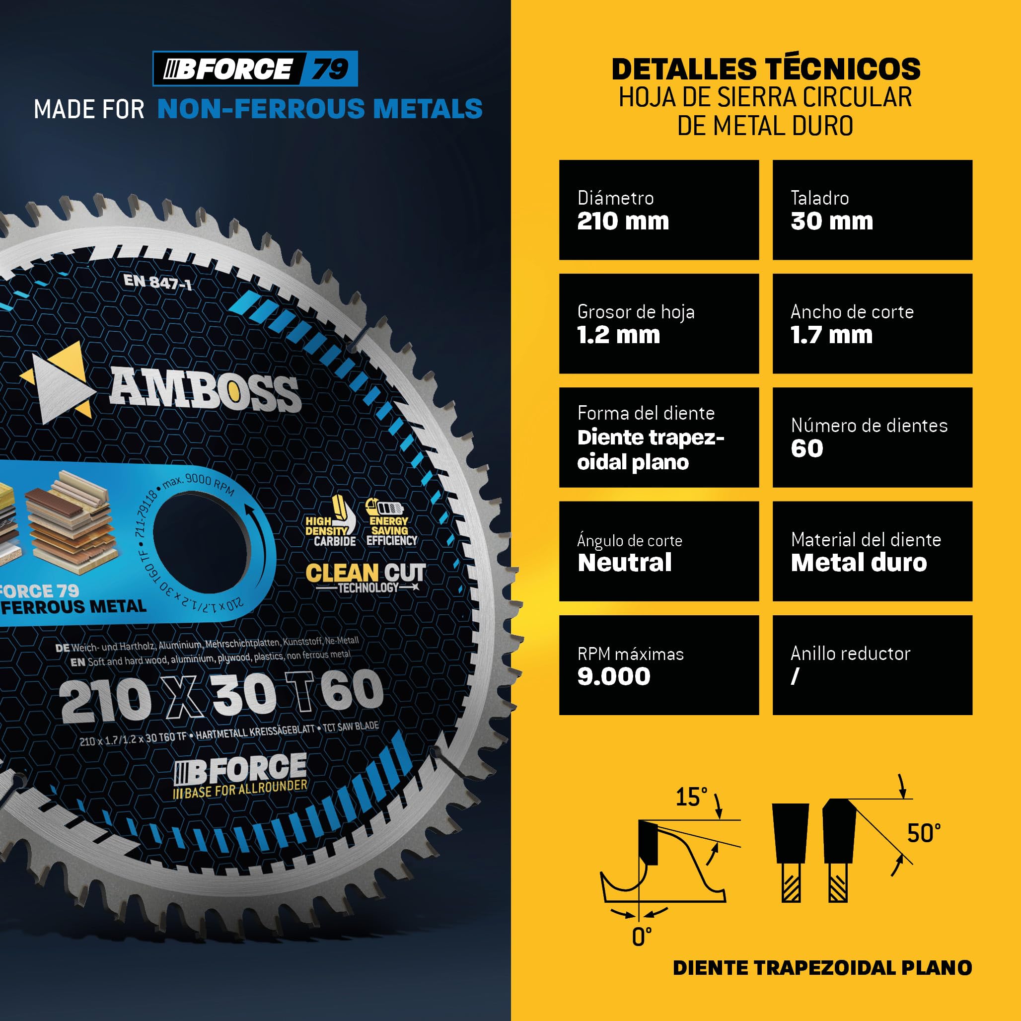 AMBOSS hoja de sierra circular 210 x 30 mm (aluminio) - hoja de sierra 210 con 60 dientes - hoja de sierra circular Ø 210 mm - compatible con Powerplus: POWX0550 Scheppach: PL75 Scheppach: HS80