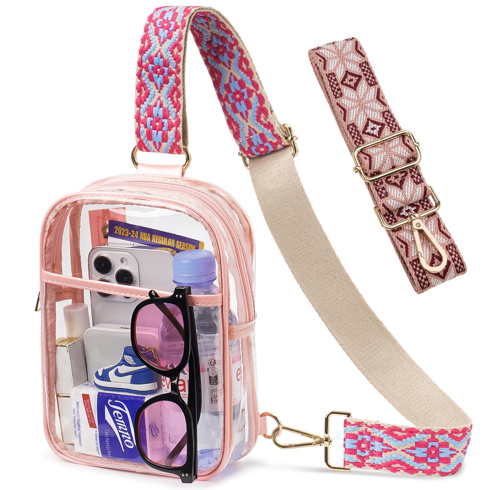 QOECI 3 Pockets Clear Bag for Stadium Events with 2 Long Straps Sling Backpack Fanny Pack Concert Crossbody Purses for Women