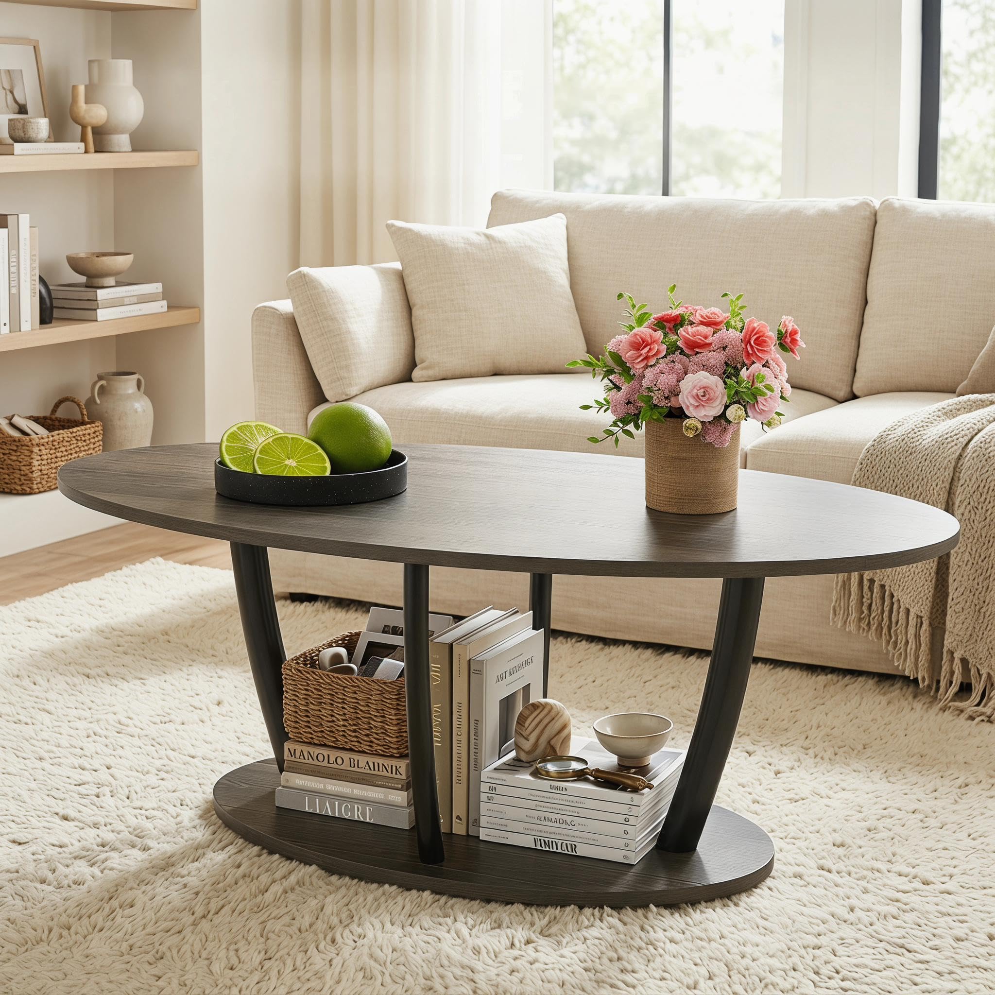 Manora Table basse ovale moderne du milieu du siècle, petites tables basses à 2 niveaux pour salon, table centrale avec étagère de rangement, gris