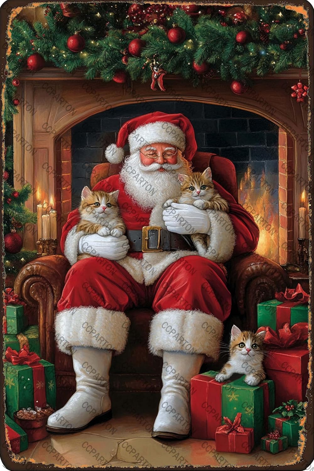 CCPARTON Letrero de metal de Navidad con Papá Noel y gatos, letrero de hojalata vintage para el hogar, cocina, jardín, patio, oficina, decoración de