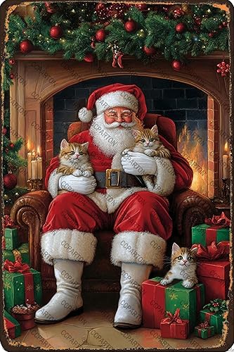 CCPARTON Letrero de metal de Navidad con Papá Noel y gatos, letrero de hojalata vintage para el hogar, cocina, jardín, patio, oficina, decoración de