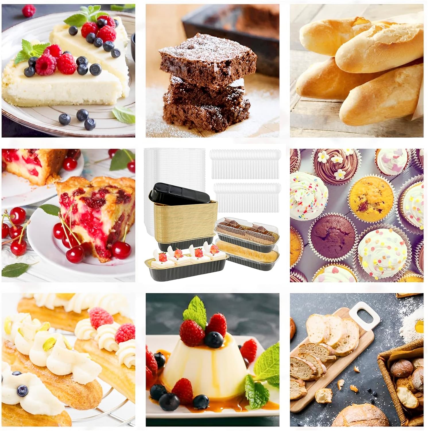 100Pcs Mini Cake Loaf Pans with Lids and Spoons 200ml Narrow Foil Cake Pans Rectangular Aluminum Foil Baking Pans Non Stick Cupcake Tin Container for Home Kitchen Bake (Black Gold, 100)