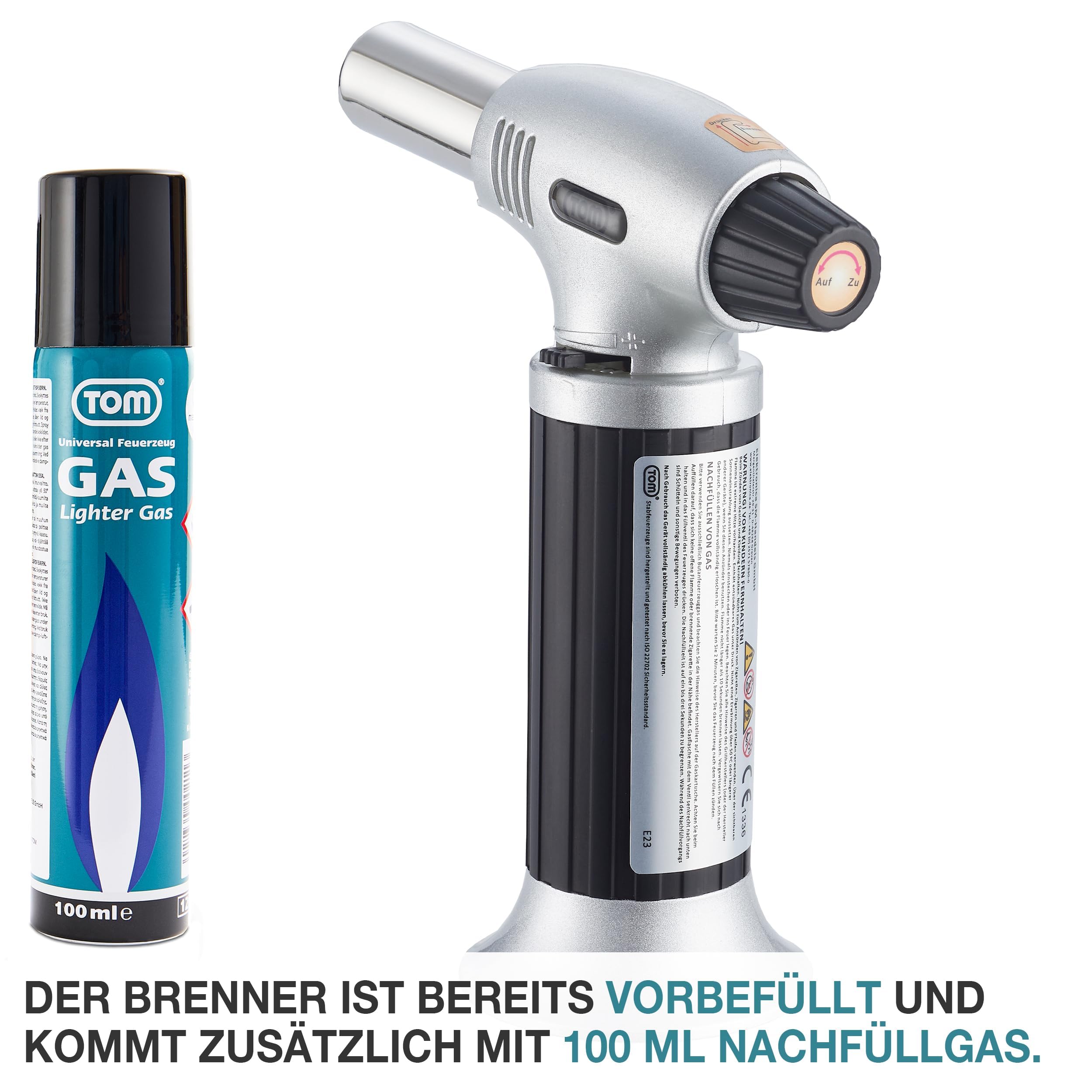 TOM Creme Brulee Brenner - MIT Gas befüllt – inkl. 1 x 100 ml Gas Kartusche zum Nachfüllen – Bunsenbrenner mit 1300°C Flamme – Küchenbrenner , Camping & Werkstatt – Flambierbrenner Küche
