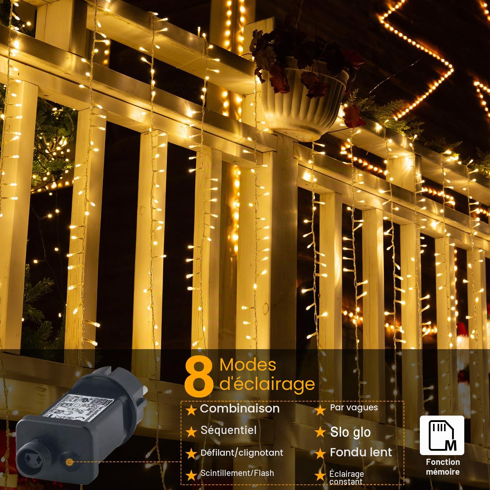 Quntis 1000 LED Guirlande Lumineuse 100M Blanc Chaud, 8 Mode d’Éclairage Lampe, Guirlande Lumière pour Anniversaire Mariage, Décoration d'ambiance Extérieur Intérieur de Noël Pergola Terrasse Maison
