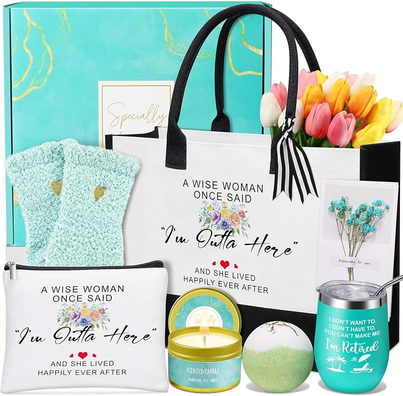 Uwingess Conjunto de Presente para Aposentadoria com Copo, Bolsa, Bolsa de Maquiagem, Bomba de Banho, Vela, Meias e Cartão
