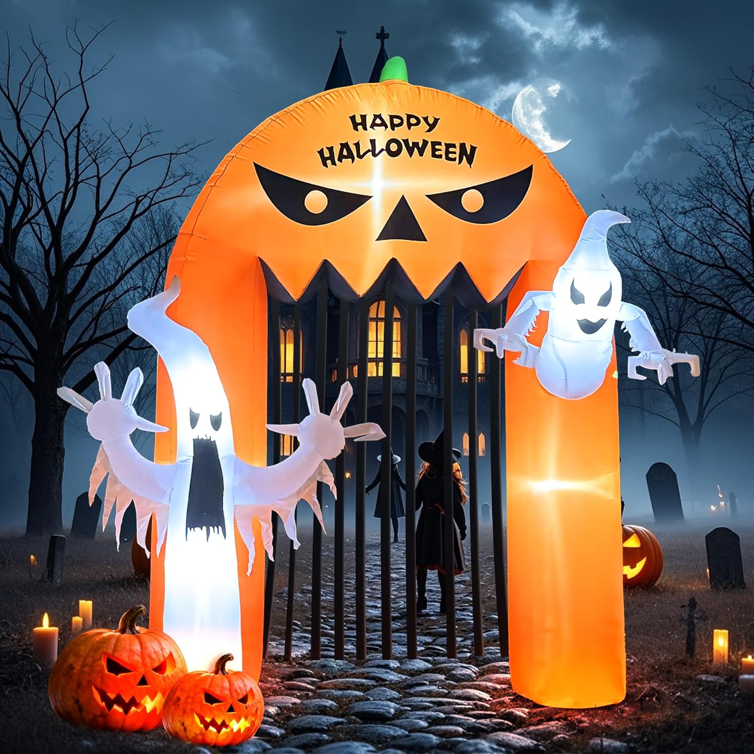 10FT Halloween Inflatable Archway Pumpkin Outdoor Decoration, Blow Up Halloween Arch with Ghosts, Built-in LEDs for Yard, Garden, Patio, Lawn