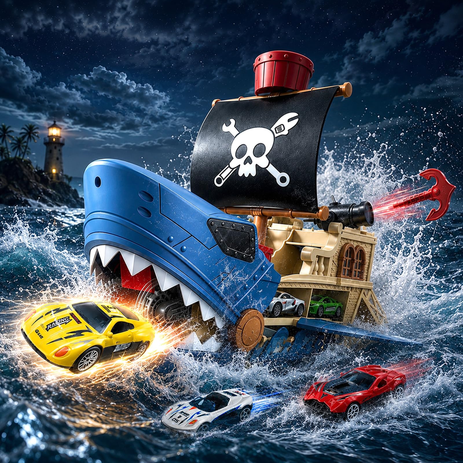 Squalo nave pirata 4 in 1, auto con 8 auto