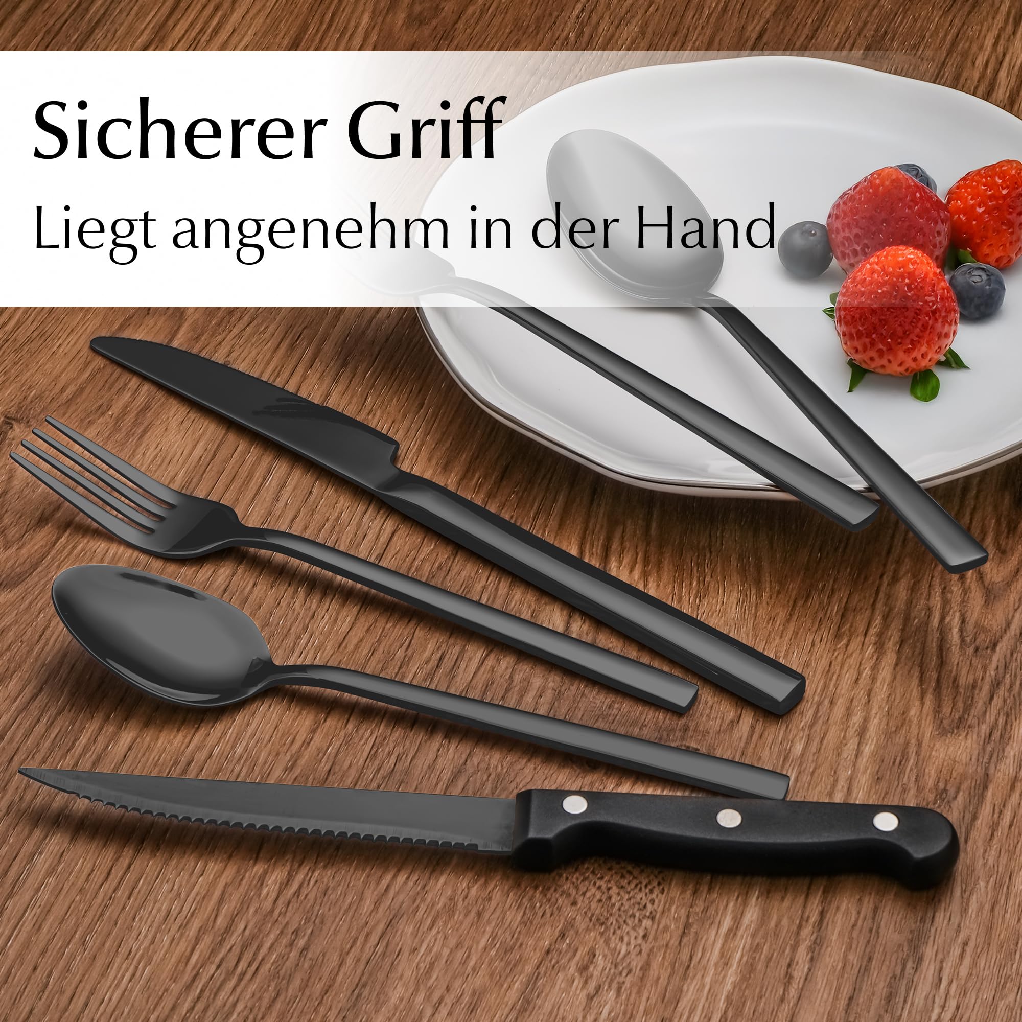 MIAMIO - Besteckset/Edelstahl Besteck Set 36er, Edelstahl 18/10 (Schwarz) | Besteck Set 18/10 Edelstahl, Besteckset mit (Steak-)Messern, Gabeln & Löffeln (36-Teilig) für 6 Personen - spülmaschinenfest