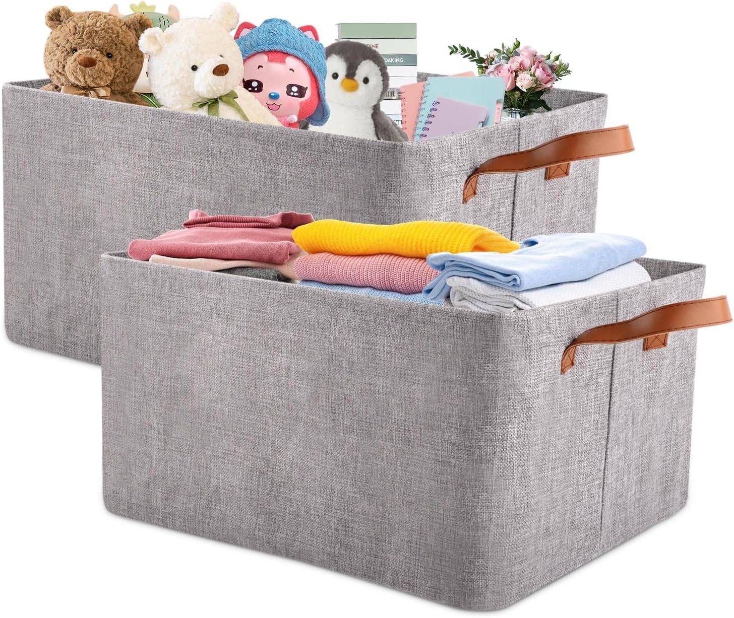 2 Pack Storage Baskets for Shelves, Foldable Fabric Storage Boxes for Clothes, Fabric Wardrobe Storage Organizer with Metal Frame, Collapsible Storage Box for Clothes, Blanket, Books, 42 x 31 x 26 cm
