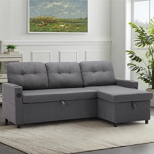 82" Pull Out Sofa Bed,L-Shape Modern Sleeper Sofa, Upholstered Sectional Couch with USB Port and Side Pockets for Living Room,Guest Room (Dark Grey)