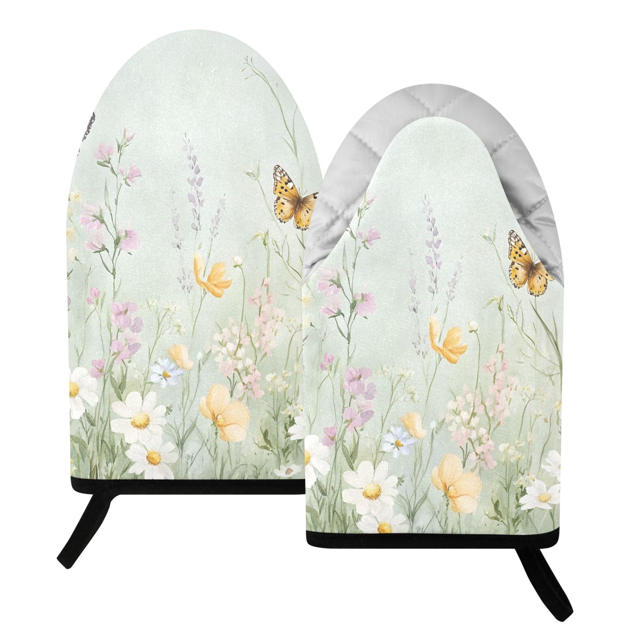 Kutsu Wildflowers Butterflies Oven Mitts for Kitchen, Heat Resistant Cotton Oven Gloves for BBQ Baking Cooking, Breathable Kitchen Essentials, 2 pcs