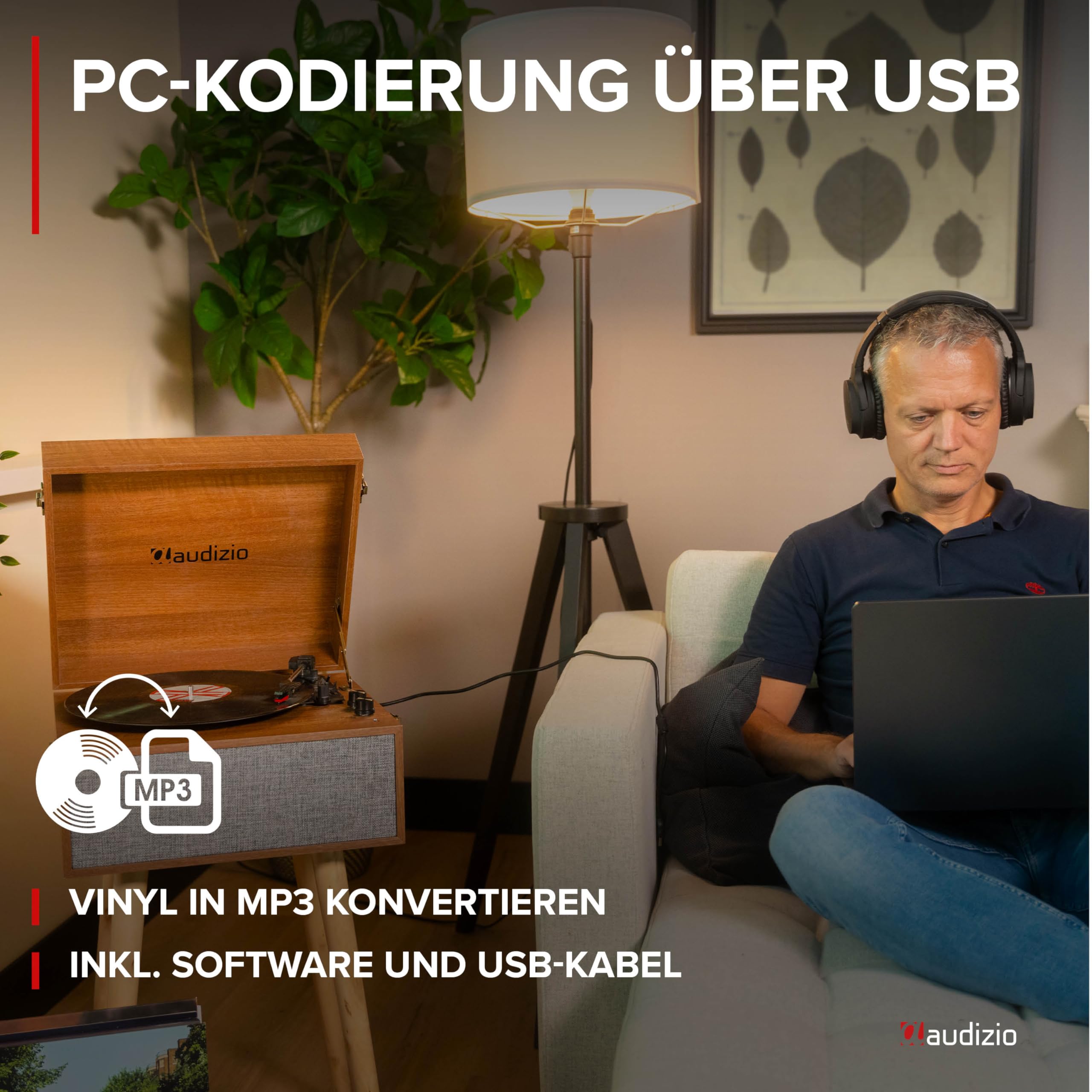 Audizio Fremont Schallplattenspieler Retro Plattenspieler Bluetooth Transmitter & Receiver, Tisch Plattenspieler mit Lautsprecher, Retro Vinyl Player für Schallplatten, Holz