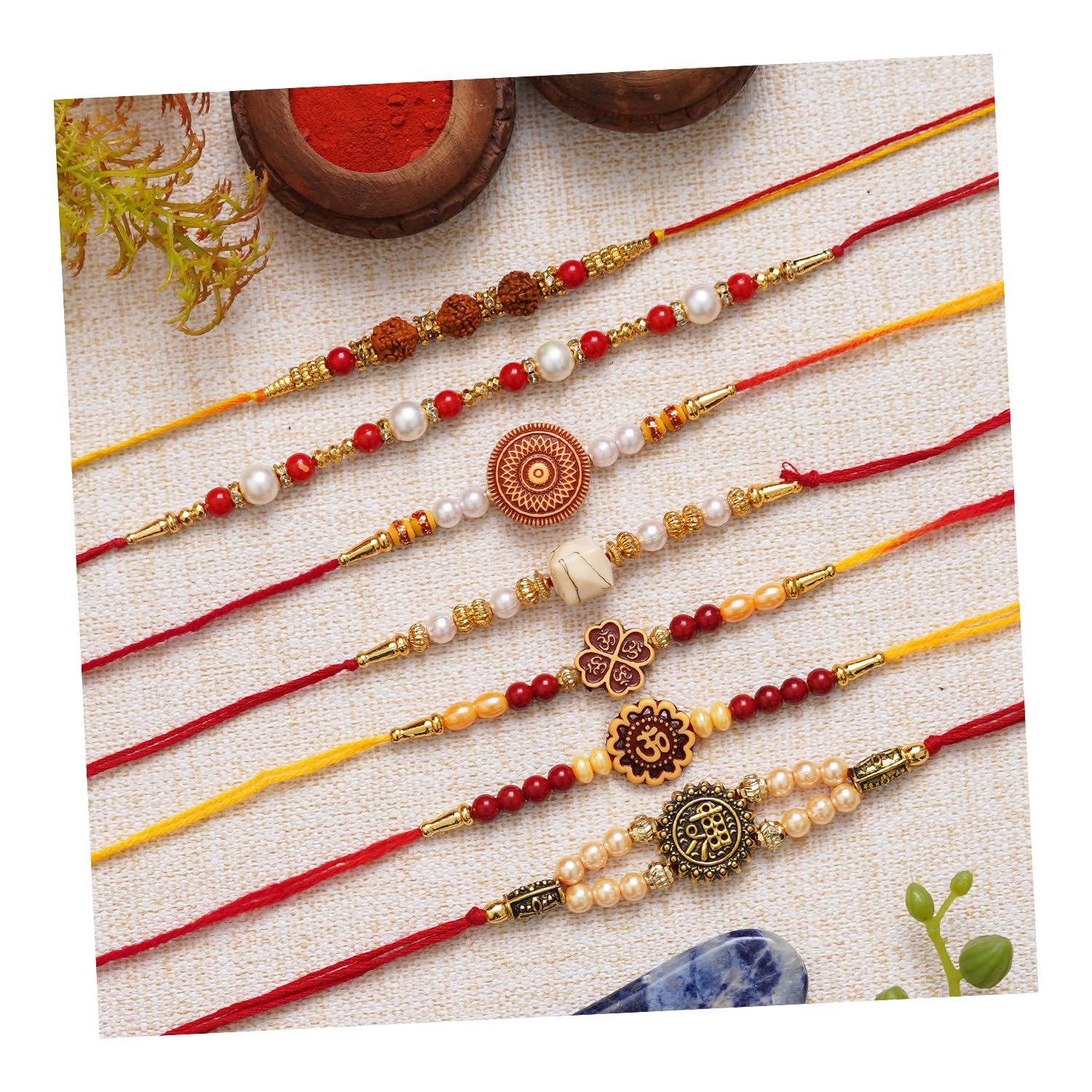 eCraftIndia Multicolor Set of 7 Rudraksha Pearls, Om, Shri Religious Designer Rakhis with Roli Chawal Pack - Rakhis for Brothers (B0C6PW47XK) Amazon Price History, Amazon Price Tracker