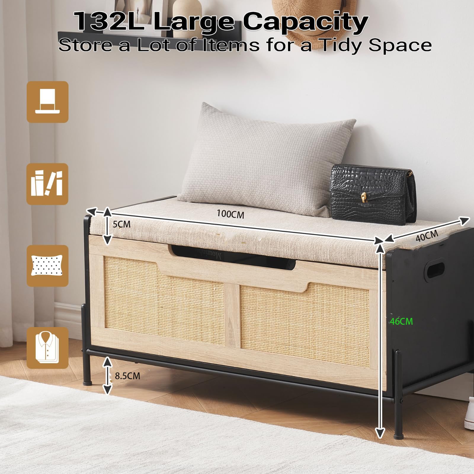 Garvee Schuhbank Rattan Sitzbank mit Kissen Sitztruhe mit Stauraum Aufbewahrungsschrank Aufbewahrungstruhe für Flur Schlafzimmer Wohnzimmer 100 * 40 * 46 cm Schwarz