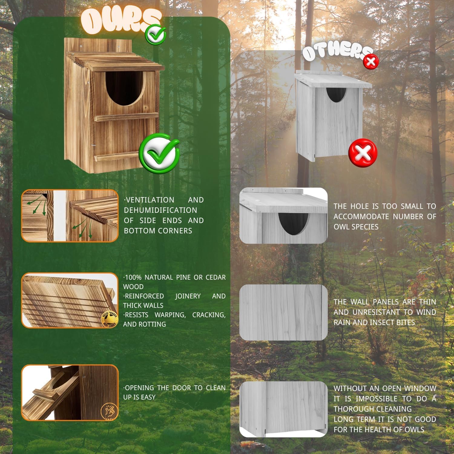 Screech - Caja nido de búho, entrada circular de madera hecha a mano de primera calidad, accesorios de montaje y virutas incluidas, montaje rápido para hábitats al aire libre (marrón, 9 x 14.5