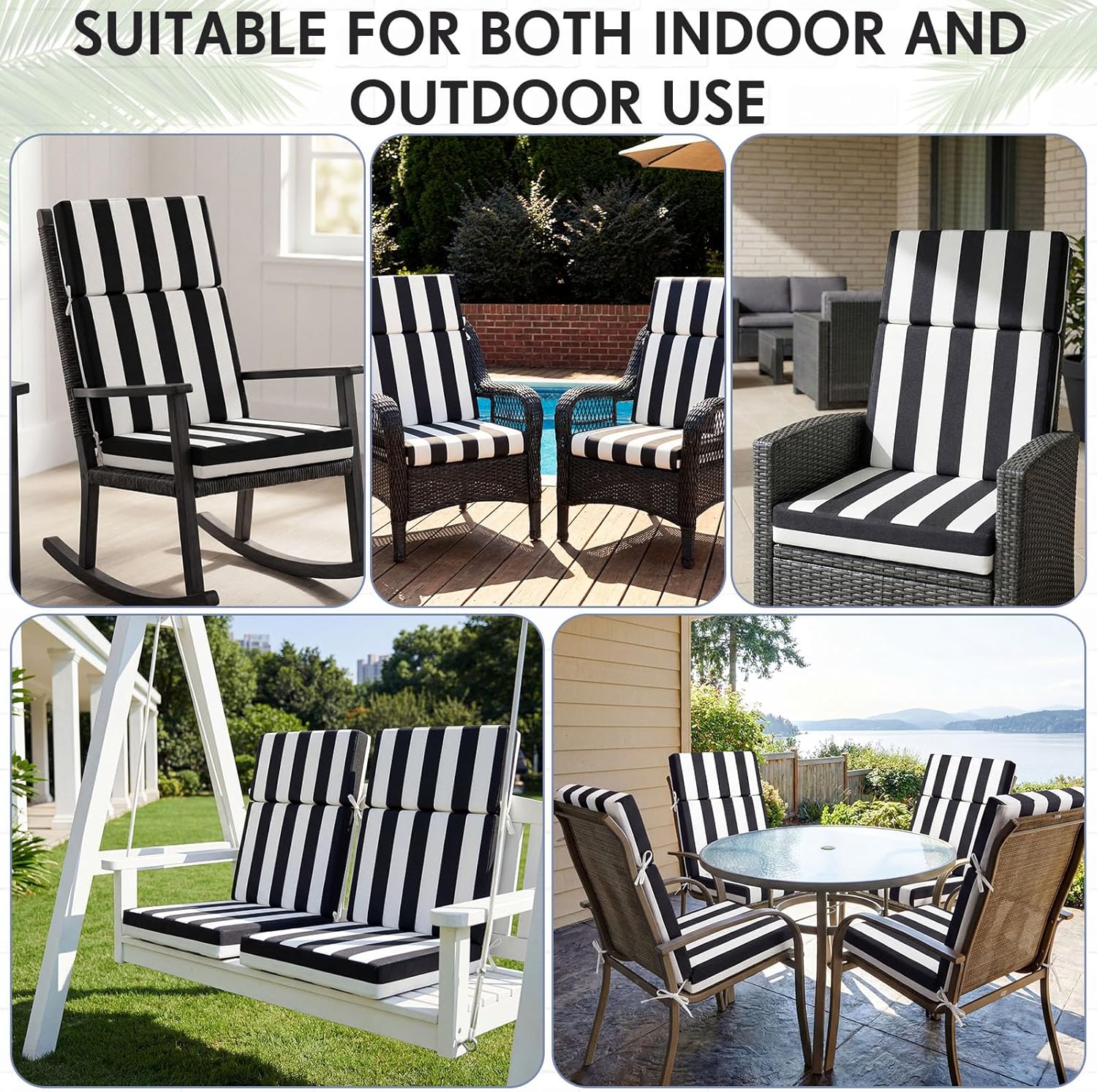 4 Pack Outdoor High Back Chair Cushion, 44 x 20 inches Patio Chair Cushions Waterproof Rocking Cushions Indoor Furniture Seat Pad, Weather Resistant (Stripe,Black White)