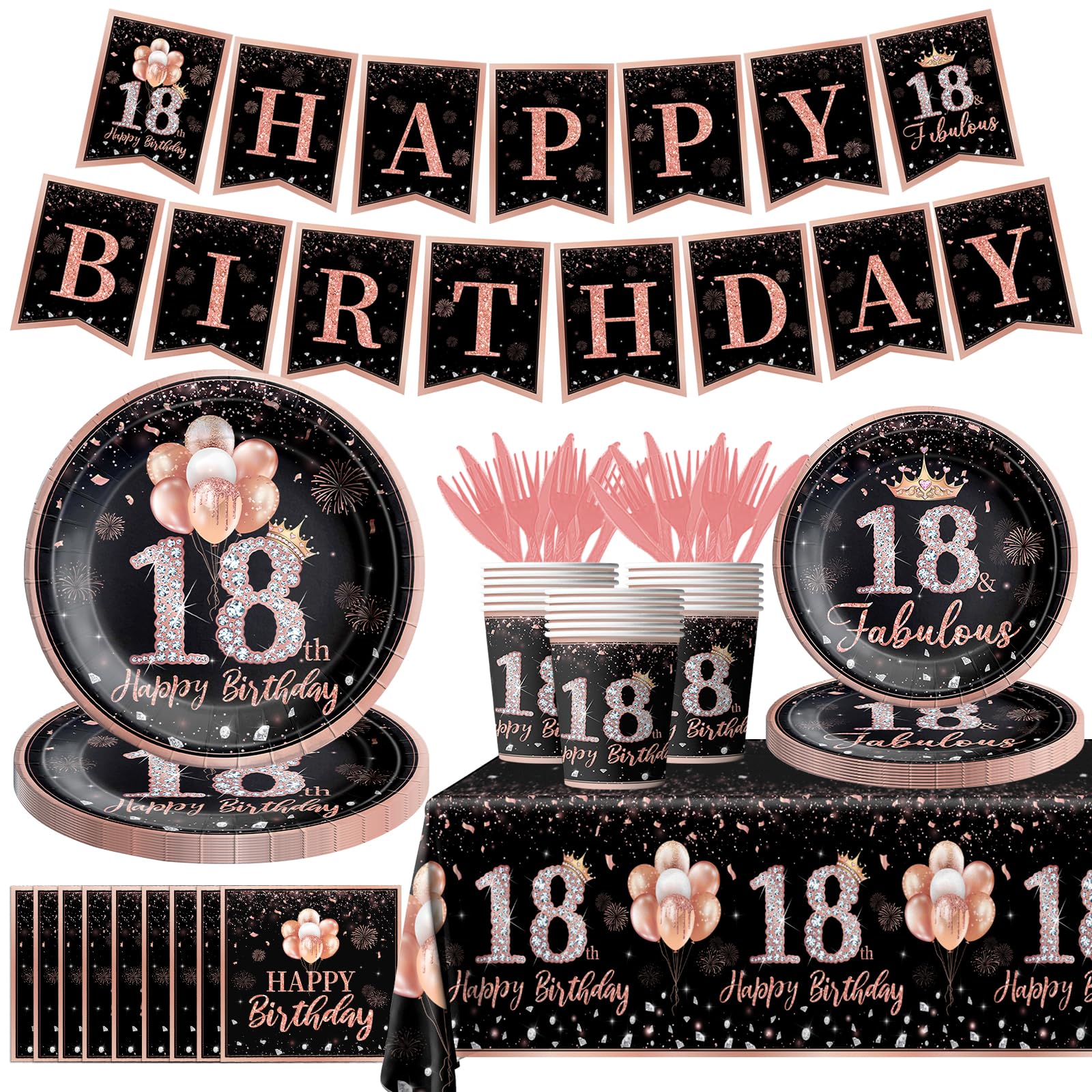 GREHUMOR 142Pcs Rose Gold Tableware Decorations for Girls
