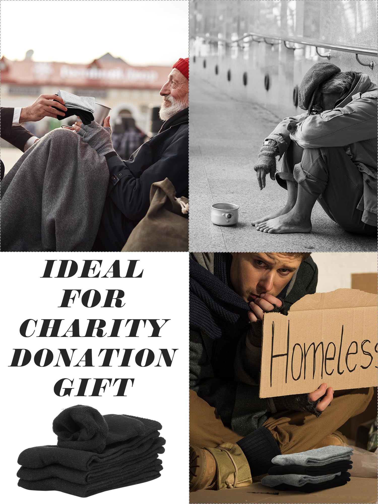 Suhine 50 Paar Homeless Crew Socken Weiche Baumwolle Feuchtigkeitstransport Socken Bulk Sport Baumwolle Unisex Dicke Tube Socken für Thanksgiving Obdachlose Männer Frau Kinder, Schwarz, Grau,