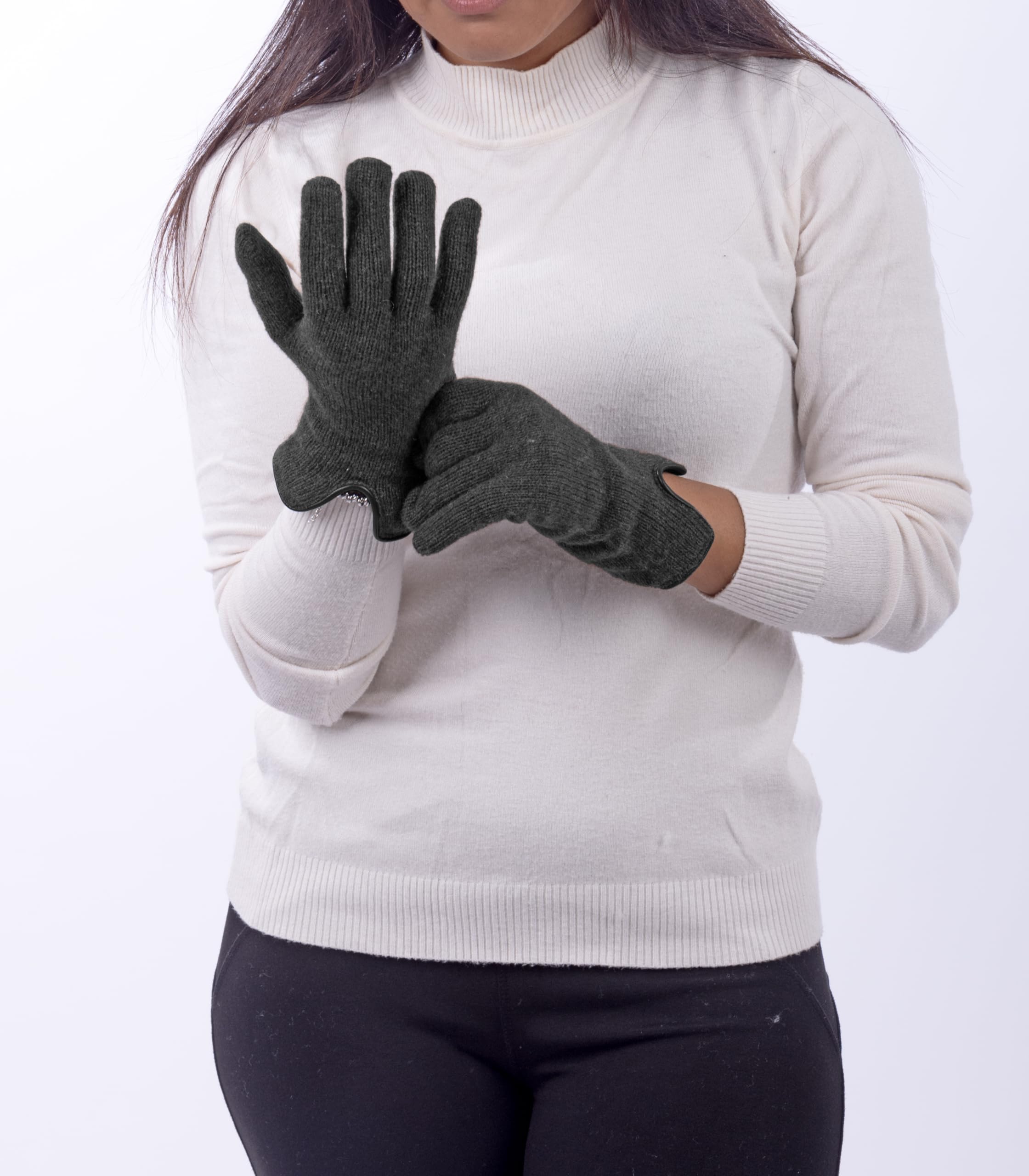 Gants en laine doublés en cachemire avec bords en cuir - Femme - Artisanat - Made in Italy, Noir , Taille unique