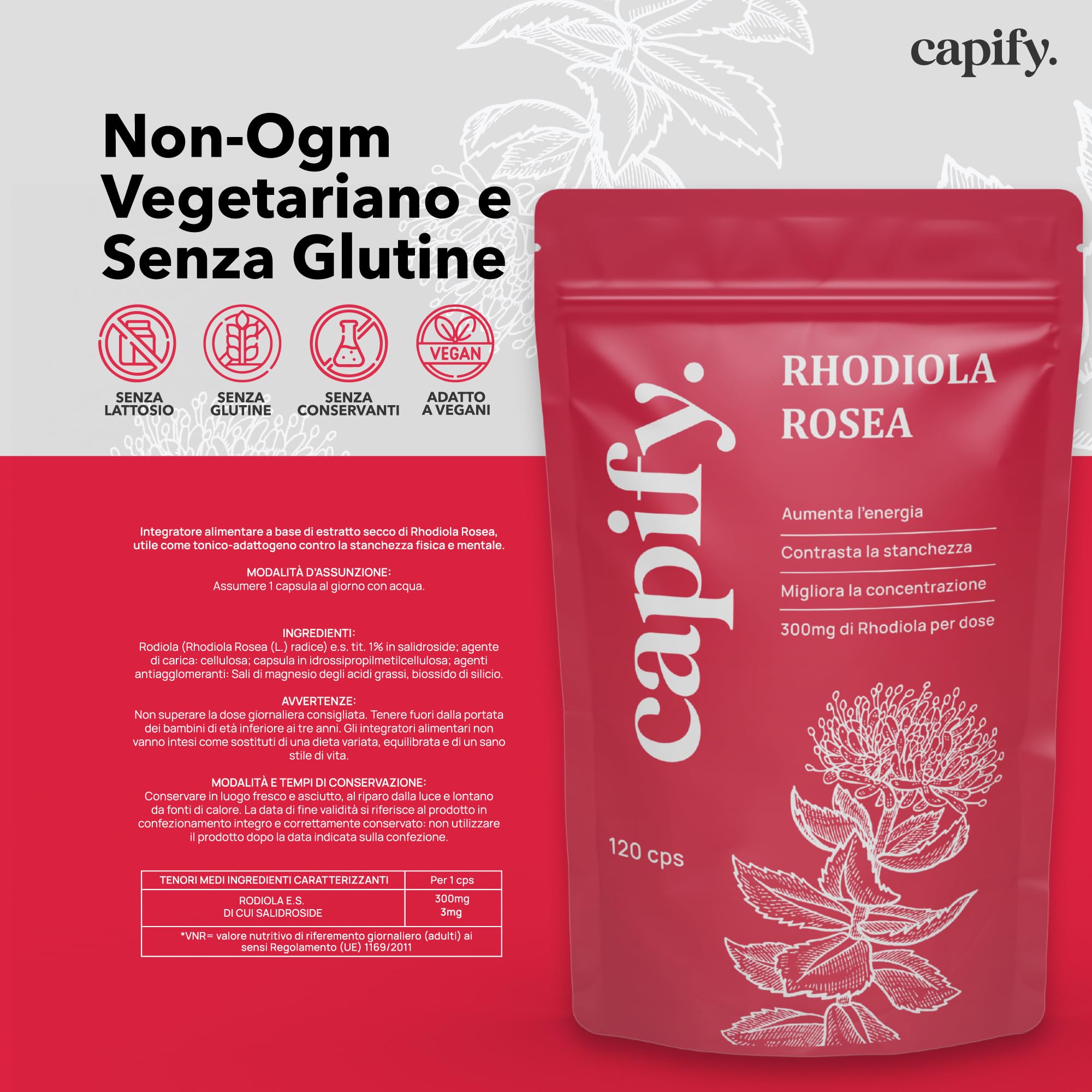 Capify. Rhodiola Rosea - Contro Stanchezza Fisica e Mentale - Estratto di Rodiola Rosea ad Alto Dosaggio - 120 capsule - Made in Italy