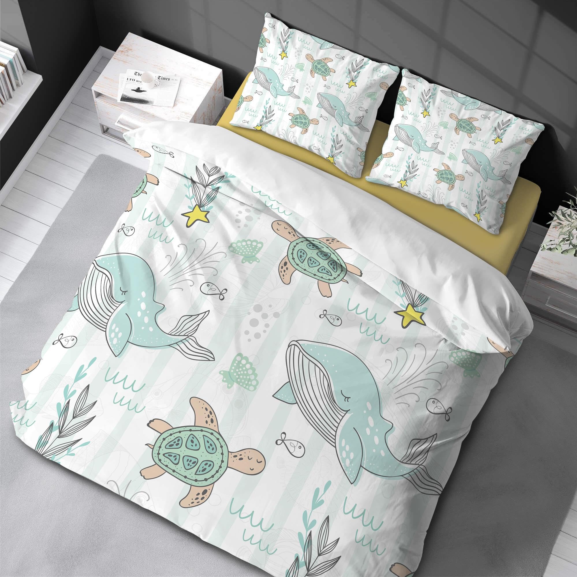 Housse de couette baleine tortue ocean parure de lit enfants 3 pièces grand format 220x240 cm