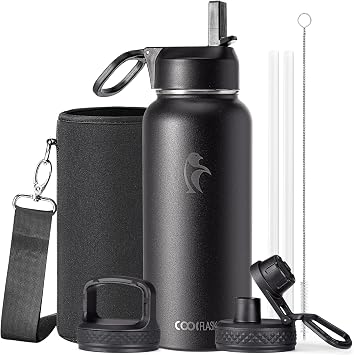 Coolflask Water Bottle Insulated 1L with Straw & 3 Leakproof Lids | Water Flask Stainless Steel Triple-Wall Vacuum, Cold 48+h/Hot 24+h, Dishwasher Safe, BPA-Free, Carrier Bag, for Gym,Hiking