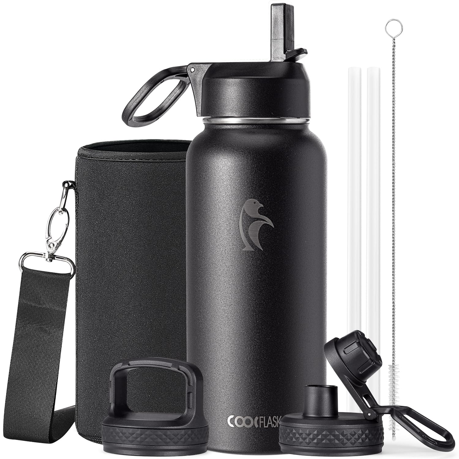 Coolflask - Borraccia termica da 1 l, con cannuccia, in acciaio inox, 3 coperchi, apertura larga, per sport o ufficio, senza BPA, mantiene il freddo fino a 48 ore o caldo fino a 24 ore, colore: nero
