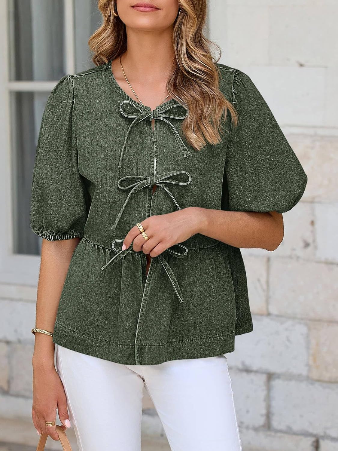 Tankaneo Womens Denim Tie Front Tops Babydoll Peplum Puff Sleeve Jean Shirts Crew Neck Summer Casual Bow Blouses - Image 7