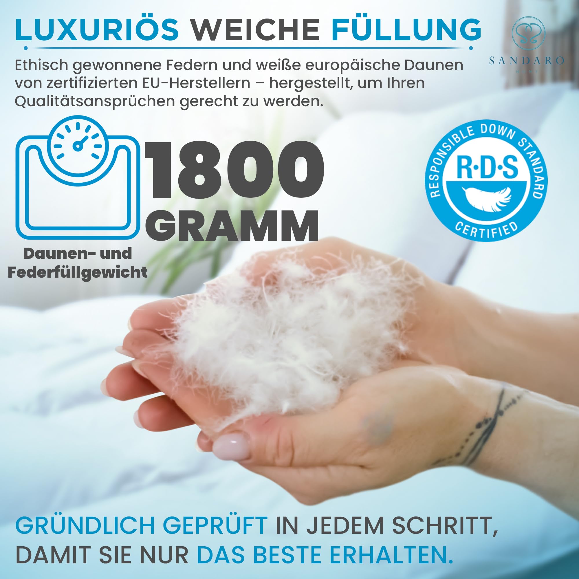 Daunendecke 200x220 mit 70% Daunen 30% Federn | Bezug aus Baumwolle | Warme Decke, Winterdecke | Bettdecke Daunen | Bettdecke 200x220 Winter | 100% Natur | Öko-Tex Zertifiziert (1800gr)
