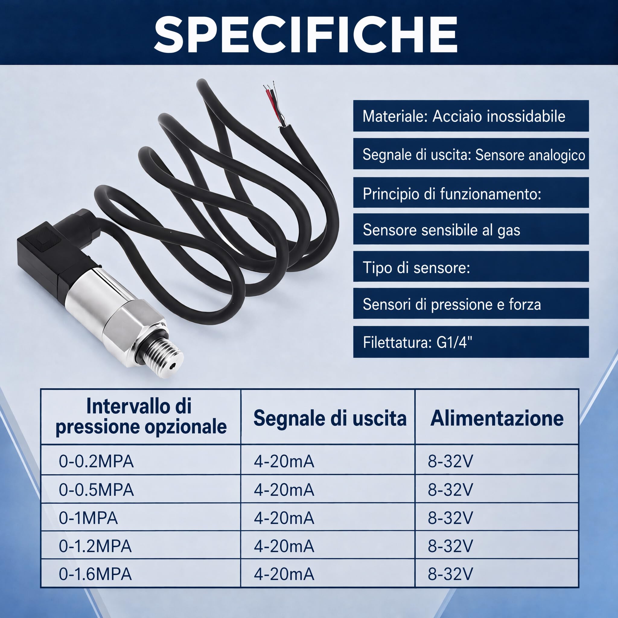 Trasduttore di Pressione Uscita 4-20ma, Sensore del Pressione G1 / 4" Filettatura in Acciaio Inossidabile, per Olio Combustibile Aria Acqua (0-1MPA)