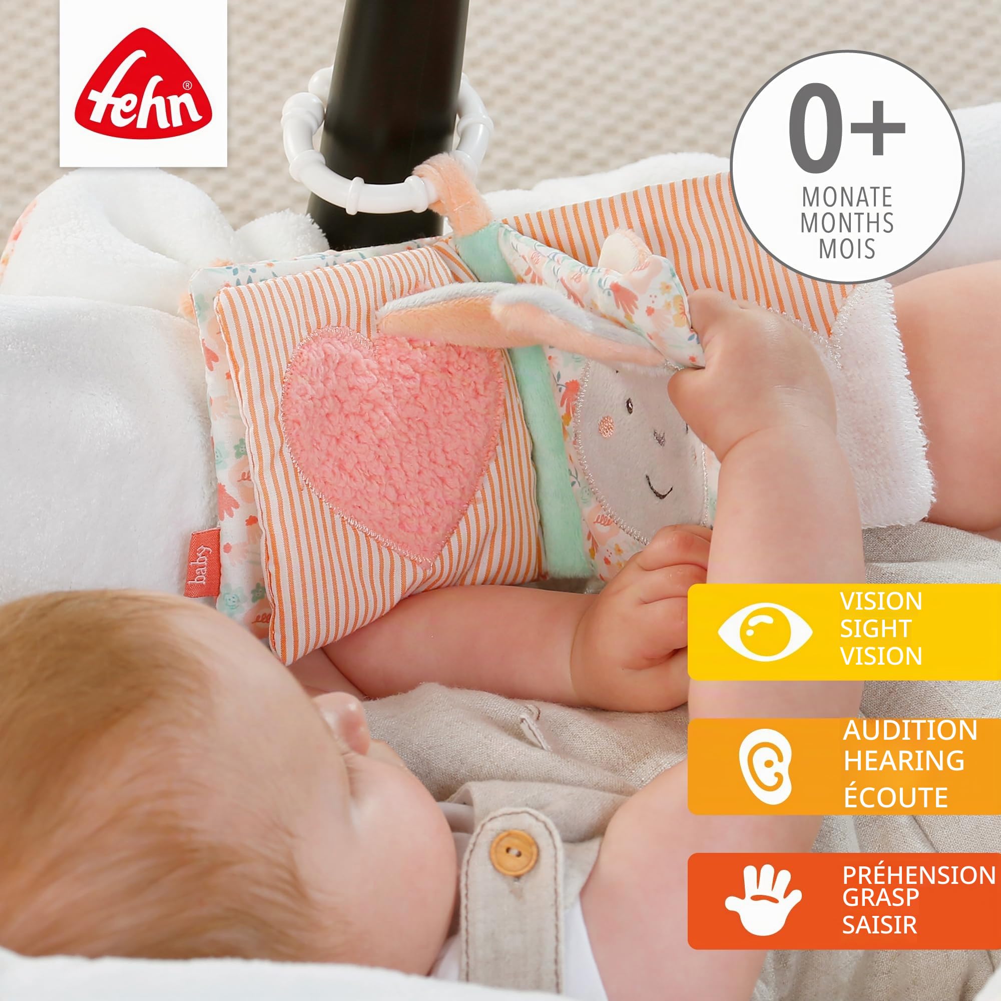 Fehn livre en tissu Lac des cygnes - Livre tactile avec motifs d'animaux - Jouets à suspendre pour poussettes et sièges auto pour bébés - pour les bébés et les enfants dès la naissance