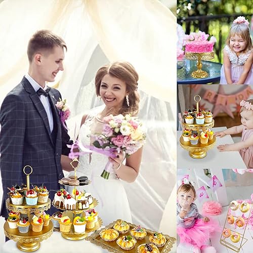 Miniatura 6 de Juego de 7 soportes dorados para tartas, 7 piezas, soporte dorado para mesa de postre, decoración de mesa, placa de torre para baby shower, boda,