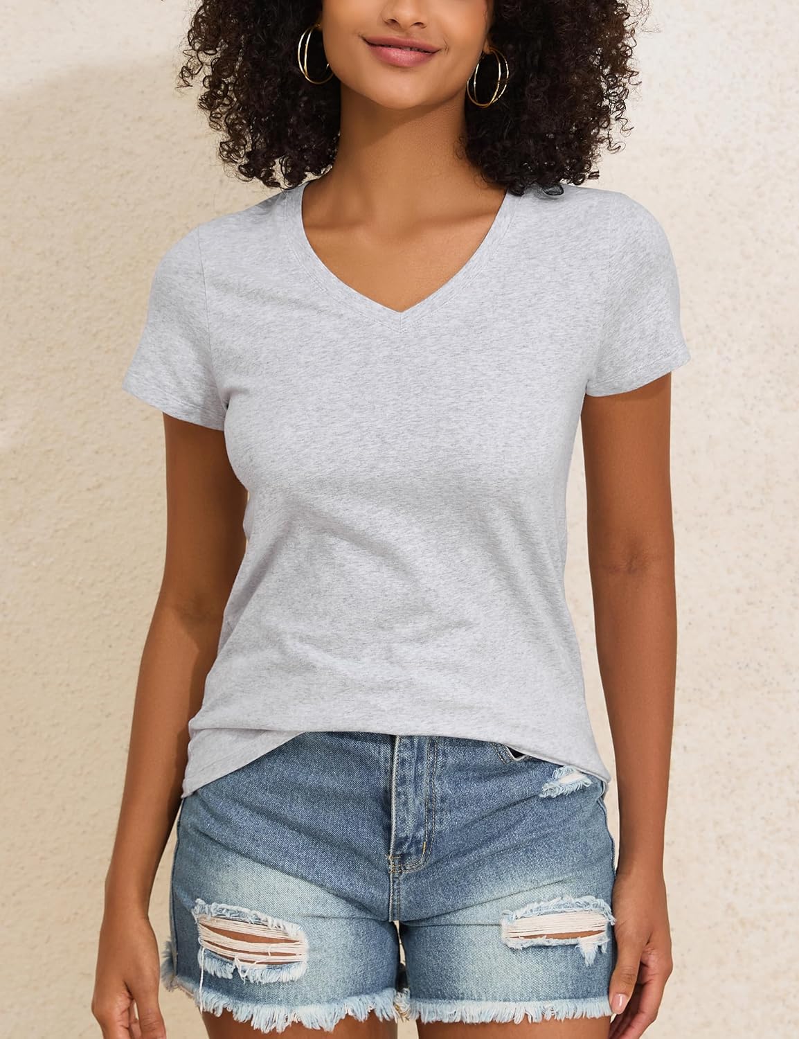 Hilor Women's Plain Cotton T Shirts Short Sleeve V Neck Tee Tops Loose Fit Casual Summer Tops Trendy Outfits 2026 - Image 8