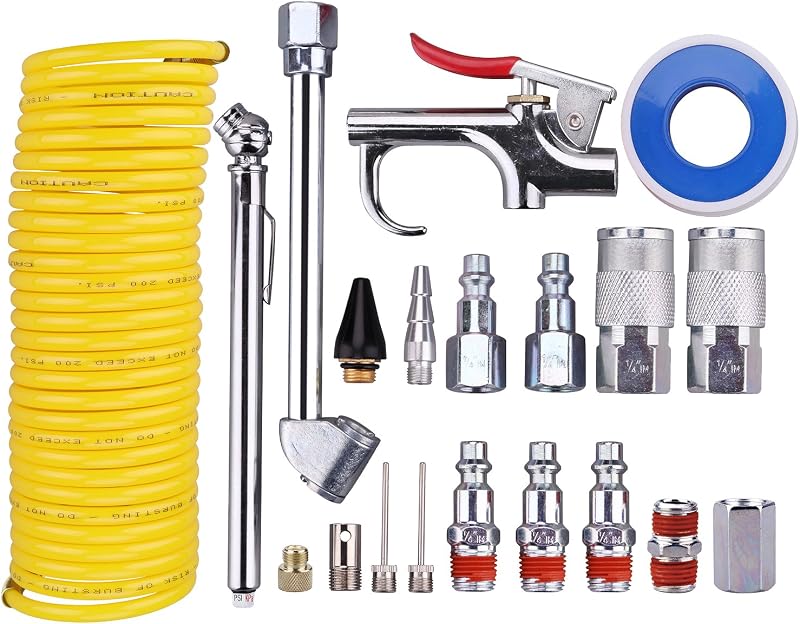 Air Compressor Kit, 1/4 Inch NPT Air Tool Kit with 1/4 Inch x 25Ft Coil Nylon Hose/Tire Gauge - 20 Pieces