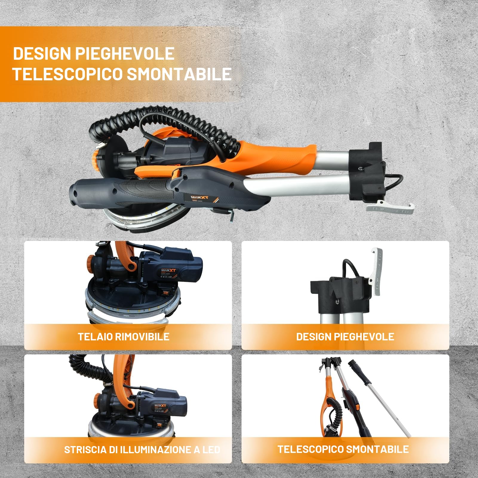 MAXXT Levigatrice per cartongesso Pieghevole Con aspirazione polvere VERO sistema di autoaspirazione Luce LED impugnatura telescopica Velocità variabile Motore 820W Sei dischi abrasivi 225mm