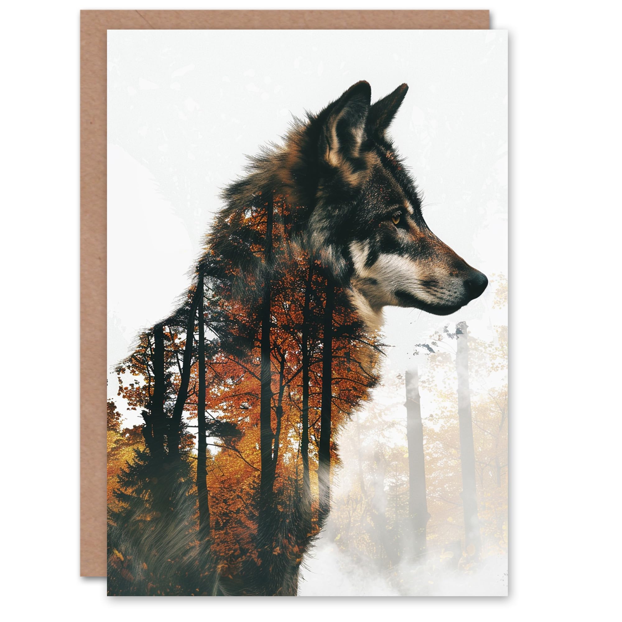 Artery8 Men's Birthday Card Double Exposure Wolf Autumn Forest Trees Greeting Card Brown